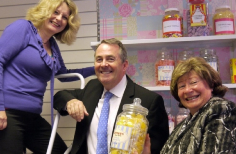 MP Liam Fox with Fran Hunt from Partysmartys and Clare Hunt, chairman of Nailsea